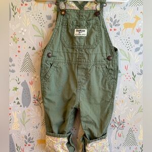 Oshkosh Baby B’gosh Like New Minty Green Floral Lined Cuff Overalls sz 12 Months